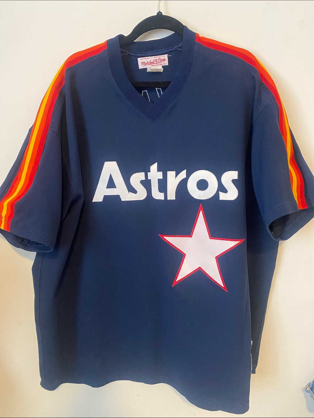 Vintage Mitchell & Ness Astros Navy Jersey with Retro Rainbow Shoulder Stripes